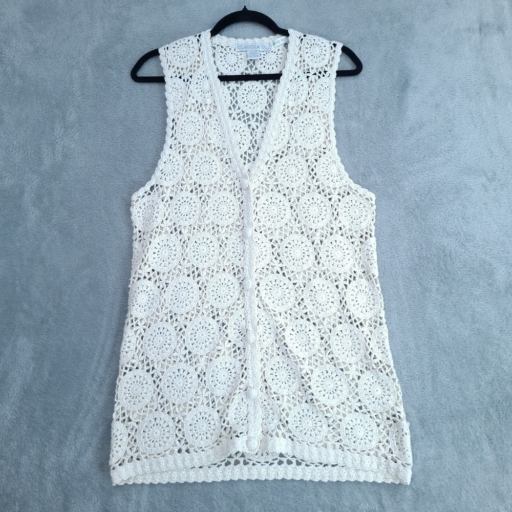 Vintage Claudia D Hand Knit Silk Crochet‎ Vest Size Med Button Boho Cottagecore